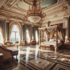 an ornate bedroom with chandelier, bed and windows overlooking the ocean is pictured in this image