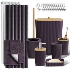 the bathroom accessories are purple in color and have been designed to look like pleated fabric