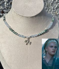 A Necklace Inspired By Queen Helaena Targaryen. Made With; ~925 Stamped Sterling Silver Findings ~ Silk Thread ~4mm Tree Agate Beads ~4mm Aquamarine Beads ~4mm White Faceted Rondelle Beads Necklaces come with A Quote Card From Queen Helaena Show your love for Helaena With this Elegant Necklace Targaryen Jewelry, Targaryen Necklace, Helaena Targaryen, Tree Agate, Aquamarine Beads, Elegant Necklace, Elegant Necklaces, Silk Thread, Necklace Sterling Silver