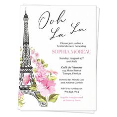 the pink flowers are on the bottom of the eiffel tower birthday party card