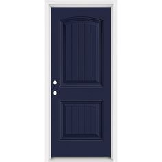 a blue door with two white knobs on the front and side panels, against a white background