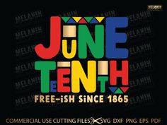 the logo for june tenth is shown in multicolored letters and colors, with black background