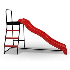 a red slide is next to a black chair on a white background and there is also a ladder for climbing