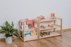 a wooden toy shelf with books and toys on it next to a potted plant