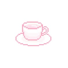 a pixelated cup and saucer sitting on top of a white plate with pink trim