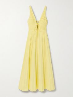 The pastel-yellow shade of Simkhai's 'Stephanie' dress is bound to bring joy. It's made from cotton-blend poplin with pleating to create a fitted bodice and fullness through the skirt. The front ties beautifully define the décolletage. Yellow Maxi, Yellow Midi Dress, Yellow Outfit, Cotton Midi Dress, Embellished Dress, Dressy Casual, Yellow Dress, Daily Outfits, Pretty Dresses