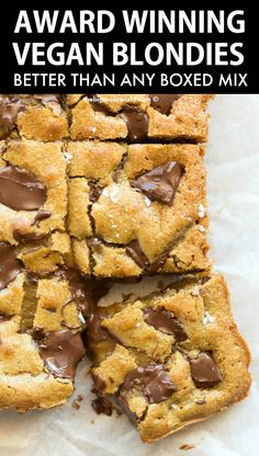 chocolate chip cookie bars stacked on top of each other with the words, award winning vegan blondies better than any boxed mix