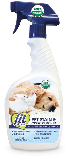 FIT Organic pet stain and odor remover powers away tough stains and removes entrapped odors on carpets and furniture safely and organically. This product is certified USDA organic, so unlike other carpet cleaners, your pet will not be exposed to dangerous chemicals or fumes that could be risky to their health. FIT Organic Spray Stain Remover 24 Fluid Ounce | 877003 Stain Removers, Carpet Cleaning Solution, Pet Stains, Odor Remover, Carpet Cleaners, Usda Organic, Cleaning Solutions, Stain Remover, Spray Bottle