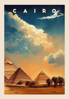 a painting of the egyptian pyramids and clouds