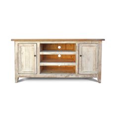 an entertainment center with two doors and three drawers on one side, in whitewashed wood