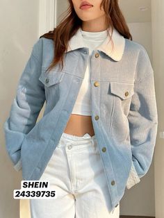 SHEIN EZwear Borg Collar Drop Shoulder Teddy Lined Corduroy Jacket Cup Of Cocoa, Autumn Rain, Professional Event, Water Resistant Jacket, Classic Sweater, Casual Outerwear, Line Jackets, Softest Sweater