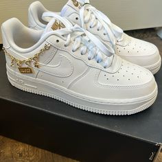 Brand New Never Worn Size 6.5 In Original Box Nike Air Force Gold, Luxury Nike Custom Sneakers For Streetwear, Nike Custom Low-top Gold Sneakers, Nike Custom Gold Low-top Sneakers, Gold Low-top Nike Custom Sneakers, Shoes Air Force 1s, Nike Dunks Low, Leopard Nikes, Shoes Air Force