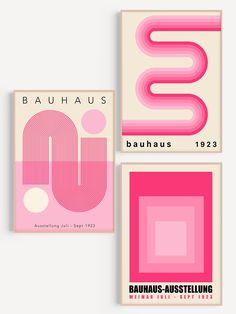 three posters with different shapes and sizes in pink, white, and beige colors on them