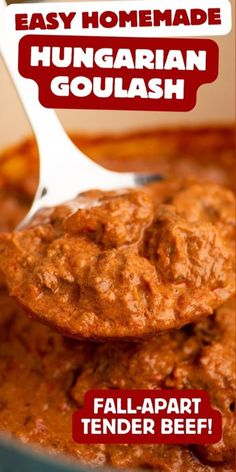 a ladle full of homemade hungarian goulash with text overlay that reads easy homemade hungarian goulash