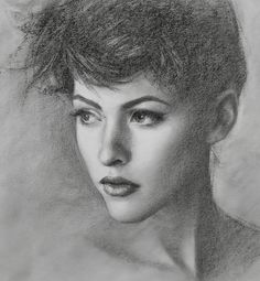 a pencil drawing of a woman's face with short hair and eyeshade