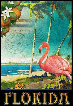 a pink flamingo standing on top of a beach next to palm trees and the ocean