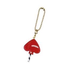 a key chain with a red and white object hanging from it's center point