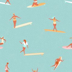 people are surfing on surfboards in the ocean, seamless pattern for fabric or wallpaper