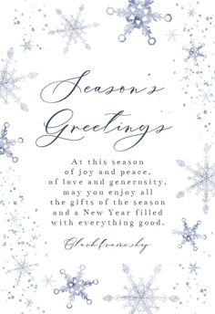 a christmas card with snowflakes on it and the words, season's greetings