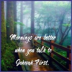 a wooden bridge in the middle of a foggy forest with a quote about mornings are better when you talk to person first