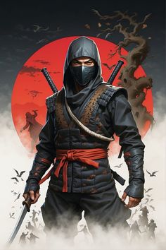 a man in a ninja suit holding two swords