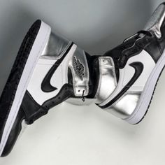 Metallic Black White Silver Jordan 1. Run Small In Size. If You Wear A 7 Or 7.5 You Can Fit. Sweet Sixteen Themes, Black And White Jordans, White Jordans, Black Jordans, Jordan 1s, Womens Jordans, Basketball Sneakers, Black Sneakers, Sweet Sixteen