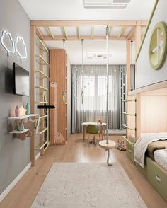 a bedroom with bunk beds and green chairs