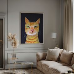 a living room filled with furniture and a cat painting on the wall above it's head