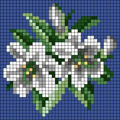 a cross - stitch pattern with white flowers and green leaves on a blue background is shown