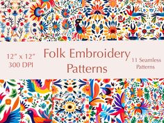 an image of folk embroidery patterns with flowers and birds on them, all in different colors