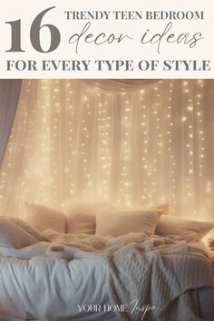 a bed with white sheets and lights on the headboard, in front of a window