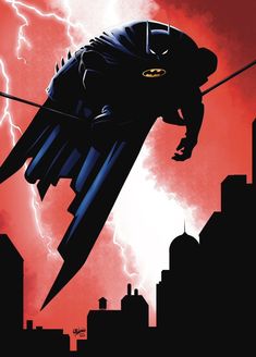 a batman flying through the air with lightning in the background