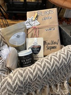 a basket filled with various items sitting on top of a table