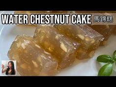 some food on a white plate with water chesnut cake written in chinese above it