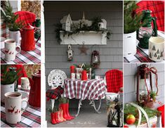 several pictures of christmas decorations on the side of a house with red and white plaid table cloth