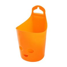 an orange plastic bucket with holes in it