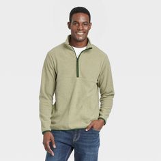 Make cool-weather days more comfortable with this Polar Fleece Half-Zip Sweatshirt from Goodfellow & Co™. Made from midweight fleece fabric with spandex, this long-sleeve sweatshirt offers all-day cozy comfort. Plus, it's designed with a stand-up collar and a front half-length zipper for versatile styling, while two front seam pockets lend functional appeal. Featuring a solid hue with contrasting trimming, you can pair it with different jeans, shorts or cargo pants for versatile outfit options. Green Fleece Sweatshirt For Outdoor, Winter Fleece Sweatshirt With Moisture-wicking, Winter Moisture-wicking Fleece Sweatshirt, Winter Outdoor Fleece Sweater, Winter Fleece Sweater For Outdoor Activities, Fleece Long Sleeve Sweater For Outdoor, Long Sleeve Fleece Sweater For Outdoor, Green Outdoor Sweatshirt With Fleece Lining, Fall Fleece Sweatshirt