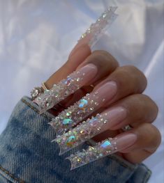 Long Glam Acrylic Nails, Dazzled Nails, Icy Acrylic Nails, Glammed Out Nails, Diomand Nails, All Diamond Nails, Clear Bling Acrylic Nails, Super Blinged Out Nails, Blinged Acrylic Nails