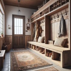 a large wooden bench sitting in the middle of a room next to a rug on the floor