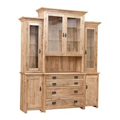 a wooden china cabinet with glass doors on the front and drawers below it, against a white background