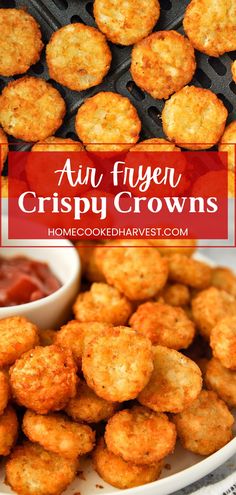 an image of crispy crowns on a plate with ketchup and dipping sauce