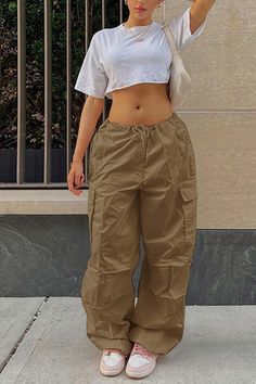 Solid Color High Waist Cargo Pants – AROLORA High Waist Cargo Pants, Loose Overalls, Waist Cargo Pants, Overalls Fashion, Urban Explorer, Y2k Pants, Casual Wide Leg Pants