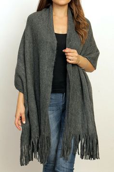 Soft Grey Knit Sweater Generous Shawl Acrylic Wrap O/S Warm Winter shawl New #JS Shawl Outfit, Spring Shawl, Winter Shawl, Trendy Fall Outfits, Grey Knit Sweater, Fringe Scarf, Designer Items, Email Newsletters, Dracula