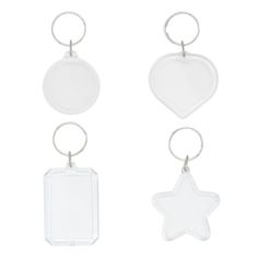 three clear plastic key chains with star shaped tags attached to each one's sides