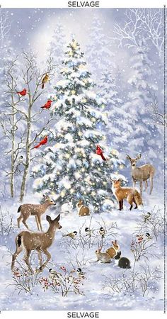 a christmas tree with animals and birds in the snow, surrounded by pine trees that have red cardinals on them