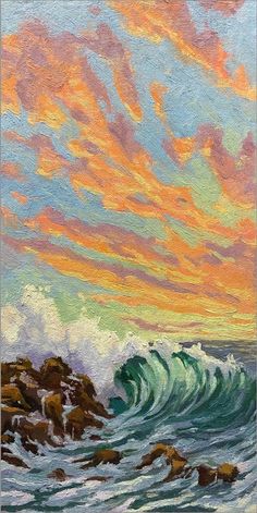 an oil painting of waves in the ocean with orange and blue clouds above it,