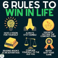 the six rules to win in life are shown with an image of books and a light bulb