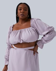 Update your rotation of plus size tops with this workwear to weekend style Model Brown Hair, Lilac Top, Ruched Crop Top, Plus Size Boutique, Plus Size Fashion For Women, Weekend Style, Plus Size Skirts, Woven Top, Knee Length Skirt