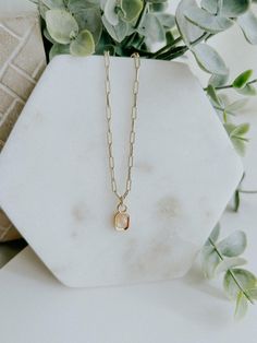 Take your style to the next level with the Aria Necklace! This chic and elegant statement accessory features a 16K gold filled baguette multifaceted natural gemstone charm, hanging from a paperclip chain. Details - Gold filled chain, about 17.8 inches in length - Gold filled pendant, about 12.8mm x 6.7mm in size - Lead Free, Nickel Free Paperclip Necklace With Charm, Paperclip Necklace, Business Photoshoot, Foaming Hand Soap, Chic And Elegant, Slipper Socks, Jewelry Case, Pet Bandana, Gold Filled Chain