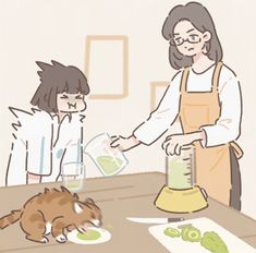 an image of a woman and cat in the kitchen with food on the table next to her